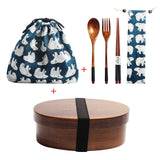 Wooden Lunch Box Picnic  Japanese Bento Box for School Kids Dinnerware Set with Bag&Spoon Fork Chopsticks Round Square Lunch Box