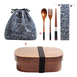 Wooden Lunch Box Picnic  Japanese Bento Box for School Kids Dinnerware Set with Bag&Spoon Fork Chopsticks Round Square Lunch Box