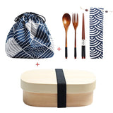 Wooden Lunch Box Picnic  Japanese Bento Box for School Kids Dinnerware Set with Bag&Spoon Fork Chopsticks Round Square Lunch Box