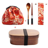 Wooden Lunch Box Picnic  Japanese Bento Box for School Kids Dinnerware Set with Bag&Spoon Fork Chopsticks Round Square Lunch Box